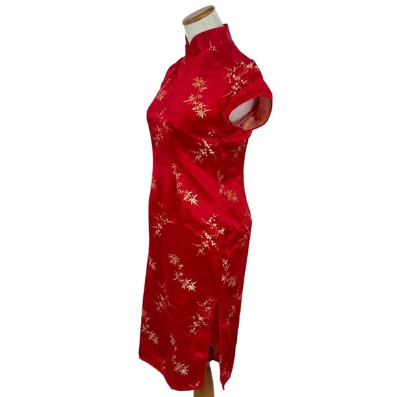 Vintage Y2K 90s DiYuange Red Satin Gold Floral Embroidered Cheongsam Qipao Dress - Picture 5 of 16